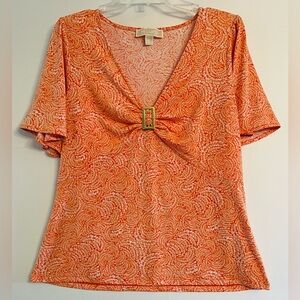 Michael Kors Orange Paisley Buckle V-Neck Top - M